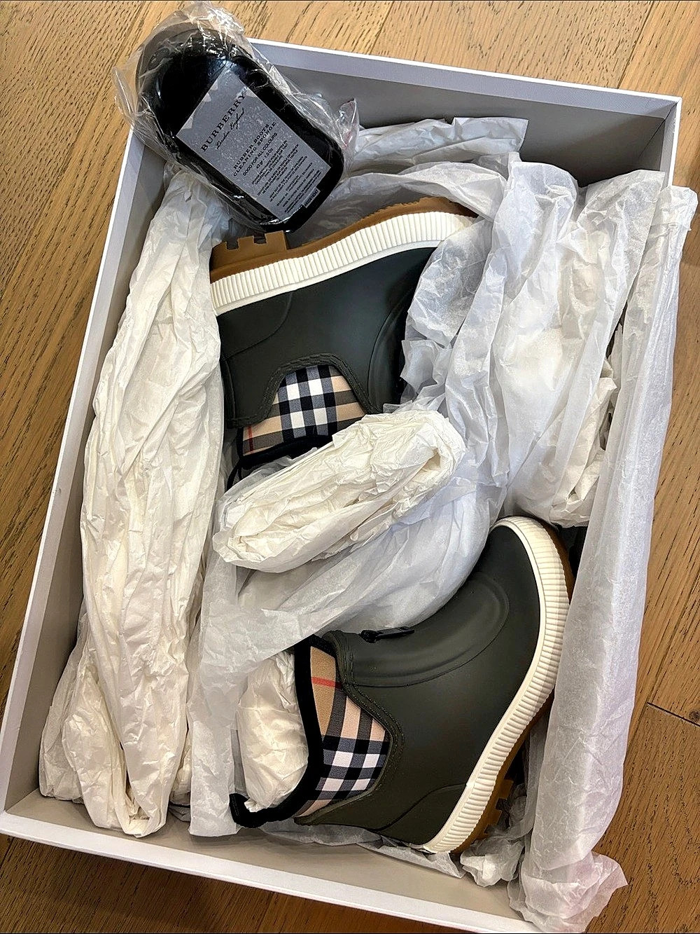 Burberry Vintage Check Neoprene and Rubber Rain Boots Green & White